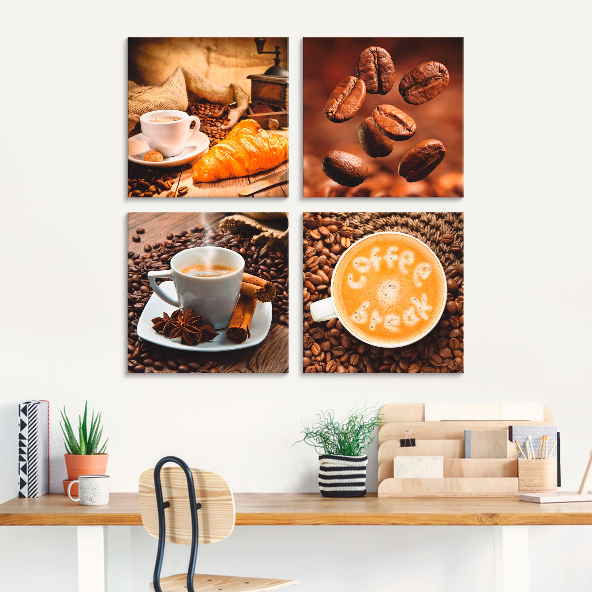 Artland Glasbild »Kaffeetasse Croissant Kaffeebohnen«, Getränke, (4 St.), i günstig online kaufen