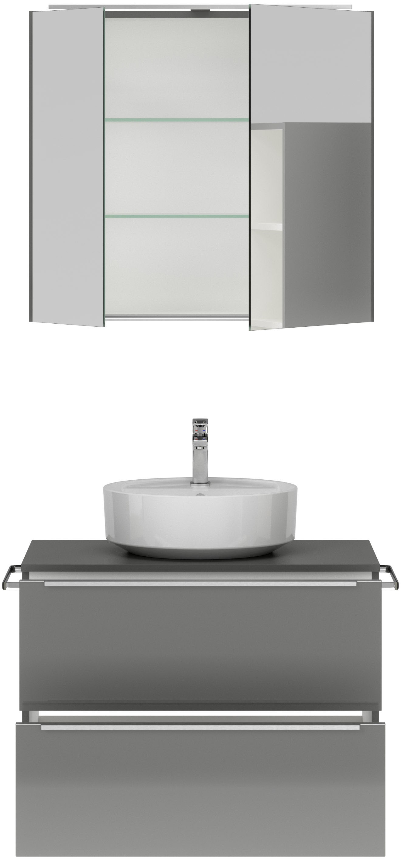 nobilia® Badmöbel-Set »Alvene«, (2 St., vormontiert, mit Soft-Close), inkl. Spiegelschrank mit Beleuchtung und Dimmerfunktion, in 4 Breiten