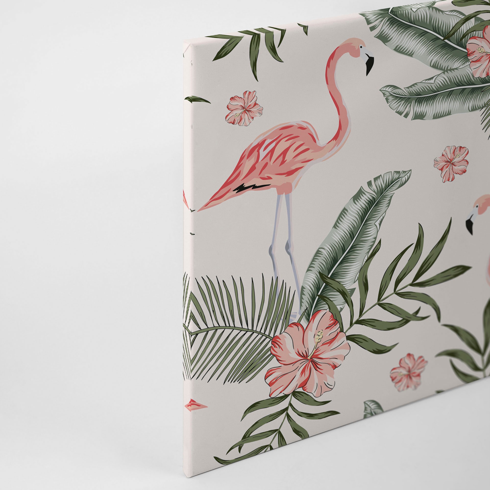 A.S. Création Leinwandbild »Tropical Vibes«, Kunst-Blumen-Kinder, (1 St.), Palmenblätter Flamingo Keilrahmen Leinwand-Bild Wohnzimmer modern Wand