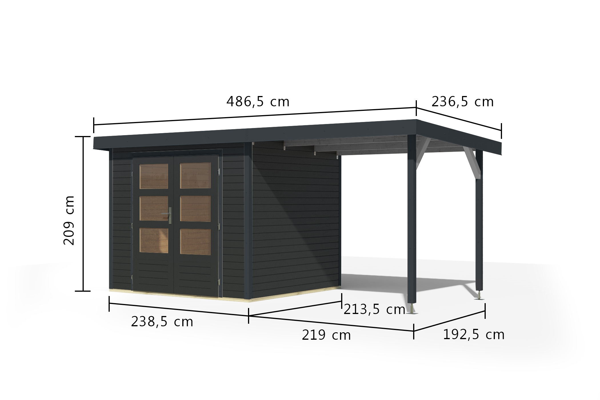 Karibu Gartenhaus »"Jupiter 3 C" SET anthrazit, mit Anbaudach 2,35 m breit«, hochwertige Materialien: nordische Fichte, Stahlecken, Trapezblechdach