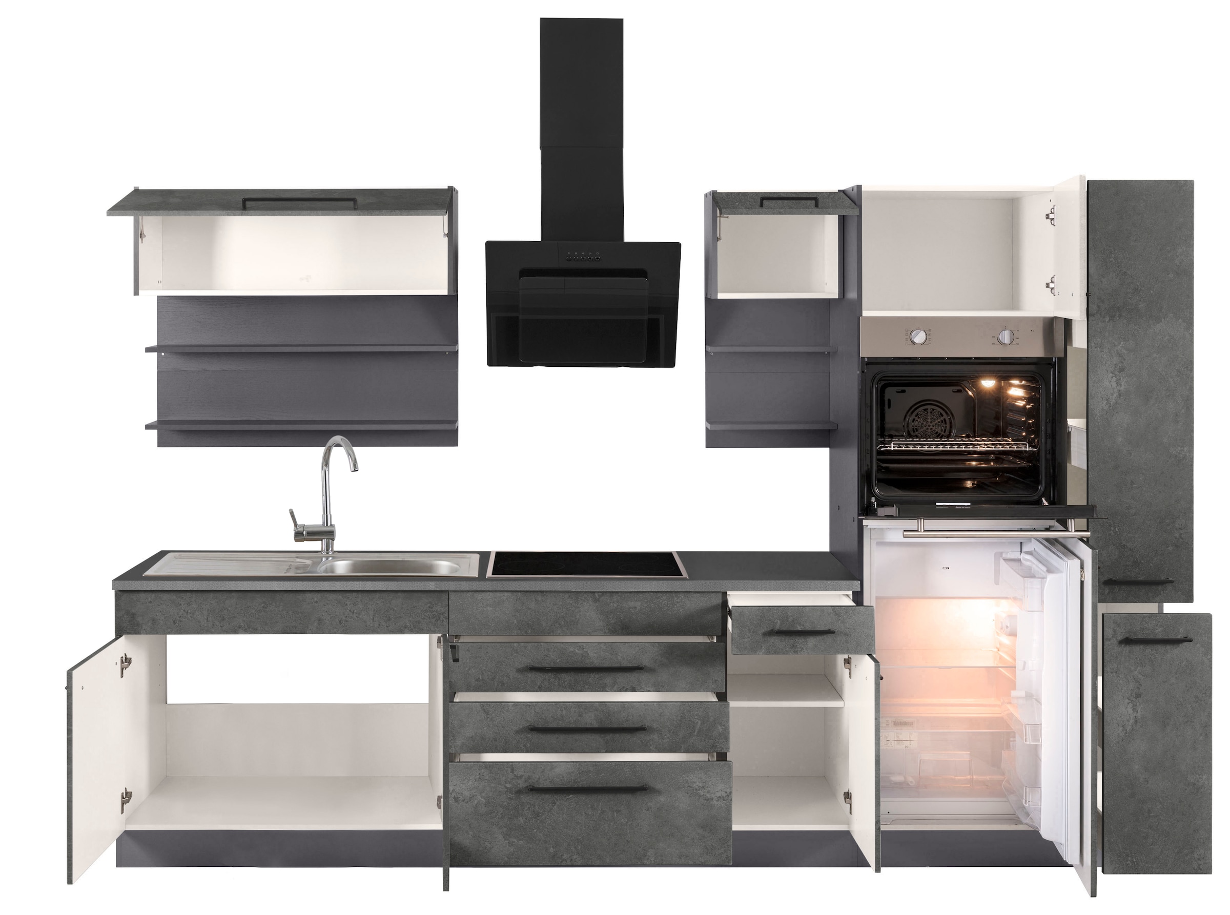 KOCHSTATION Küchenzeile »KS-Tulsa«, ohne E-Geräte, Breite 290 cm, schwarze Metallgriffe, MDF Fronten