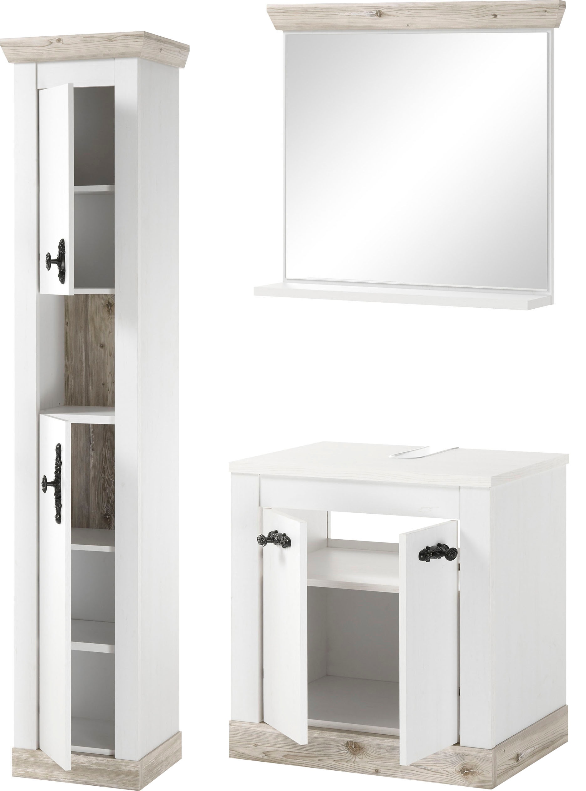 Home affaire Badmöbel-Set »Florenz, Bad im Landhausstil, 3-teiliges Badezimmer«, (3 St.), Waschbeckenunterschrank, Schrank und Spiegel, in Pinie Weiß, Stauraum