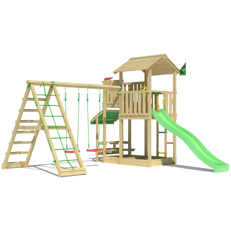 JUNGLE GYM Spielturm »Veranda« Spielanlage mit Schaukel, Kletterbock und Rutsche mit Wasseranschluss hellgrün