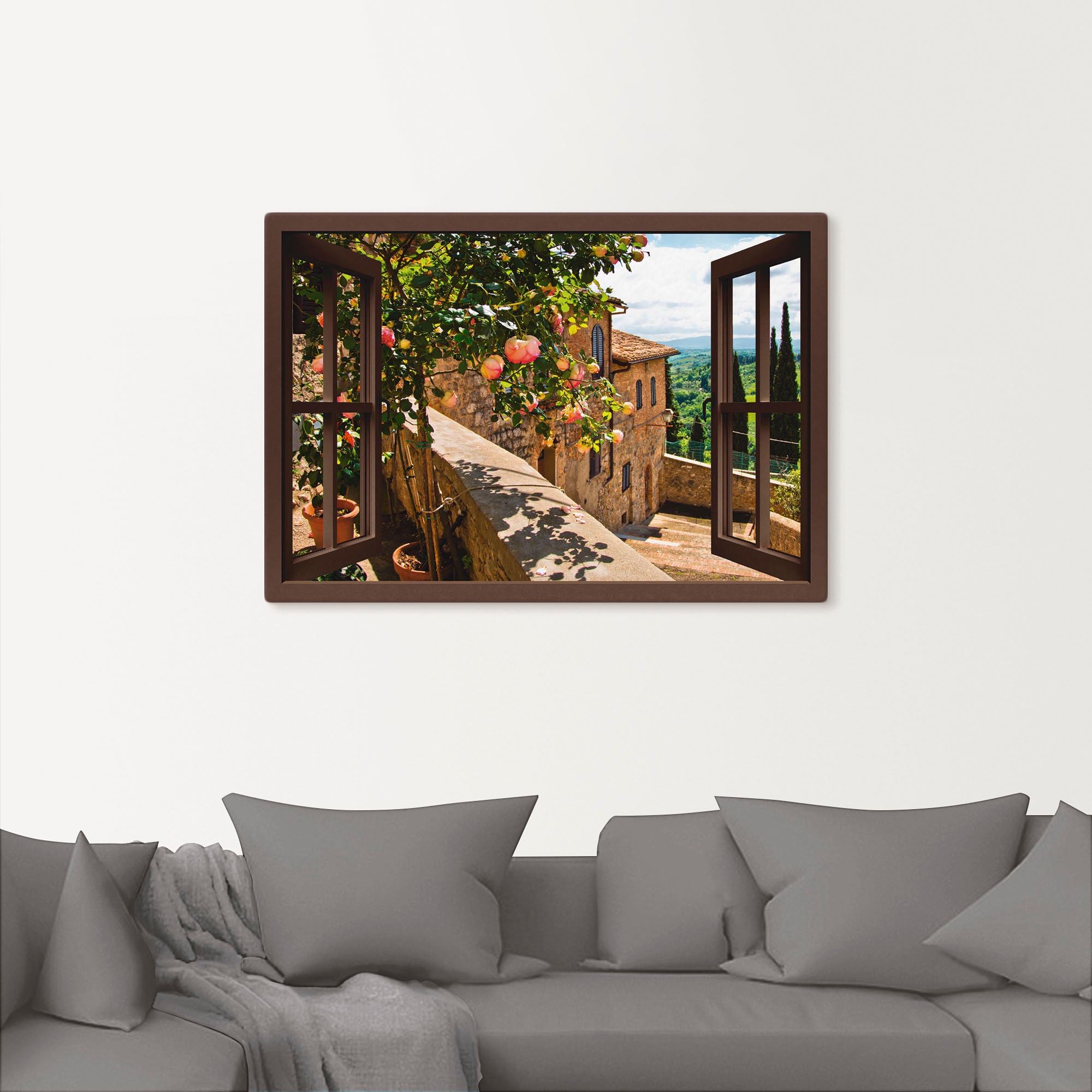 Artland Wandbild "Fensterblick Rosen auf Balkon Toskana", Garten, (1 St.), günstig online kaufen