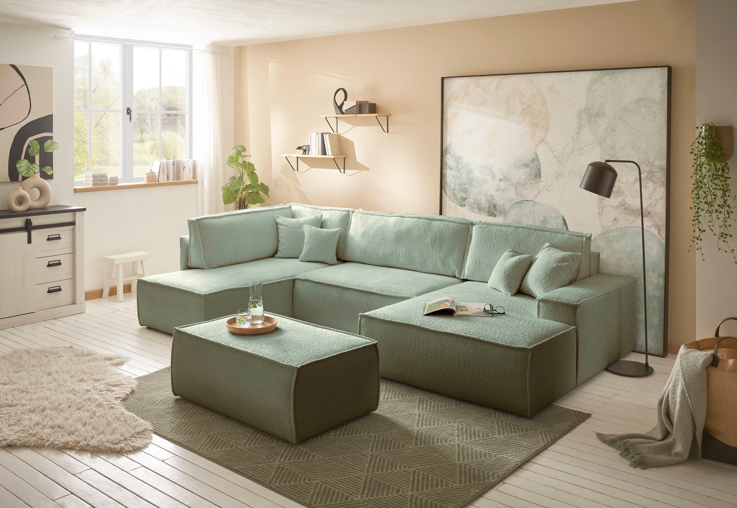 andas Wohnlandschaft »FINNLEY U-Form XXL 329 cm, Schlafsofa, Schlaffunktion m. Bettkasten«, (194/139 cm), Bouclé, Struktur und Cord