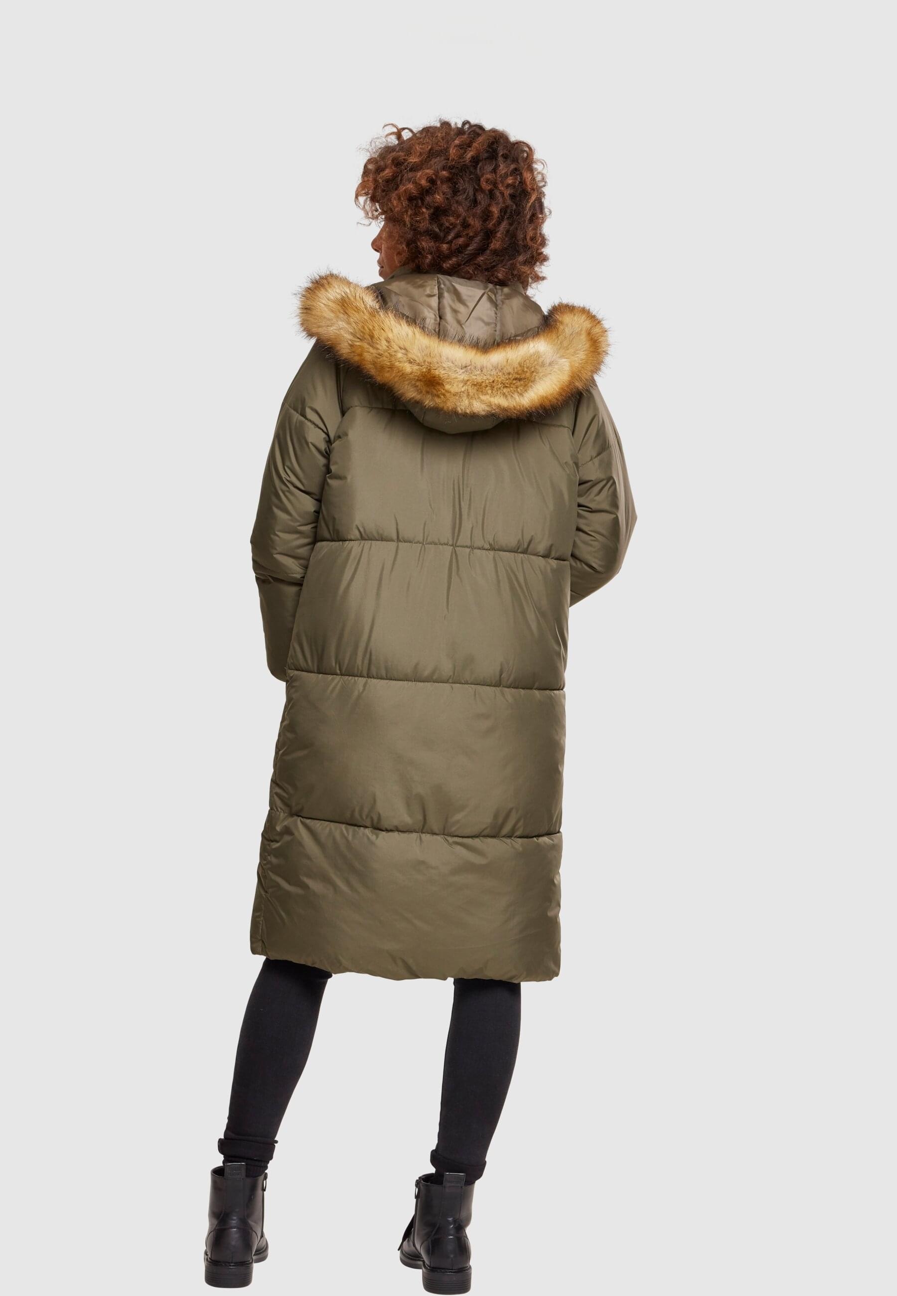 URBAN CLASSICS Winterjacke »Urban Classics Damen Ladies Oversize Faux Fur Puffer Coat« 1 Stk. tlg. mit Kapuze