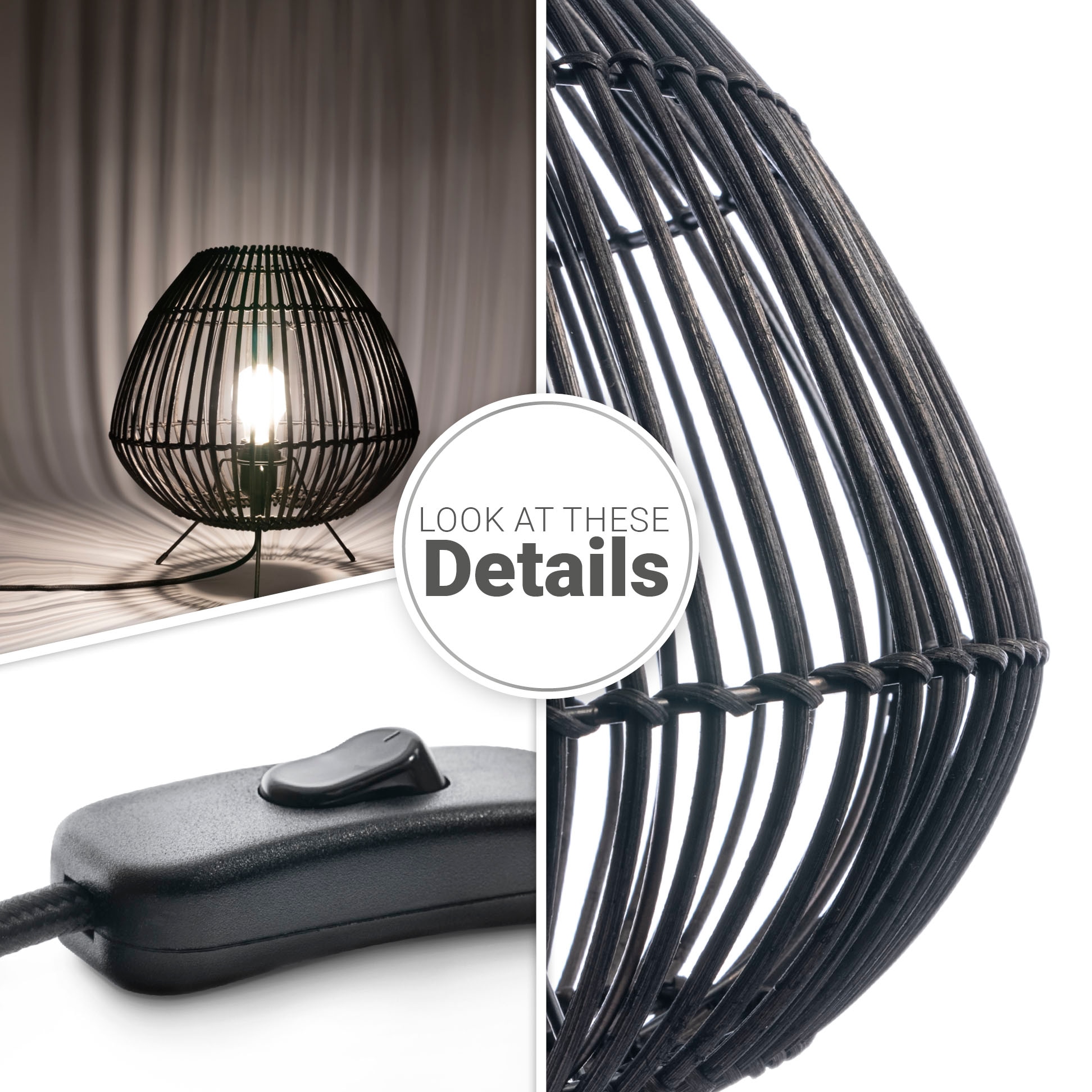 Paco Home Tischleuchte »PIRU«, Leuchtmittel E27 | ohne Leuchtmittel, Rattan Boho Style Dreibein Natur Nacht E27