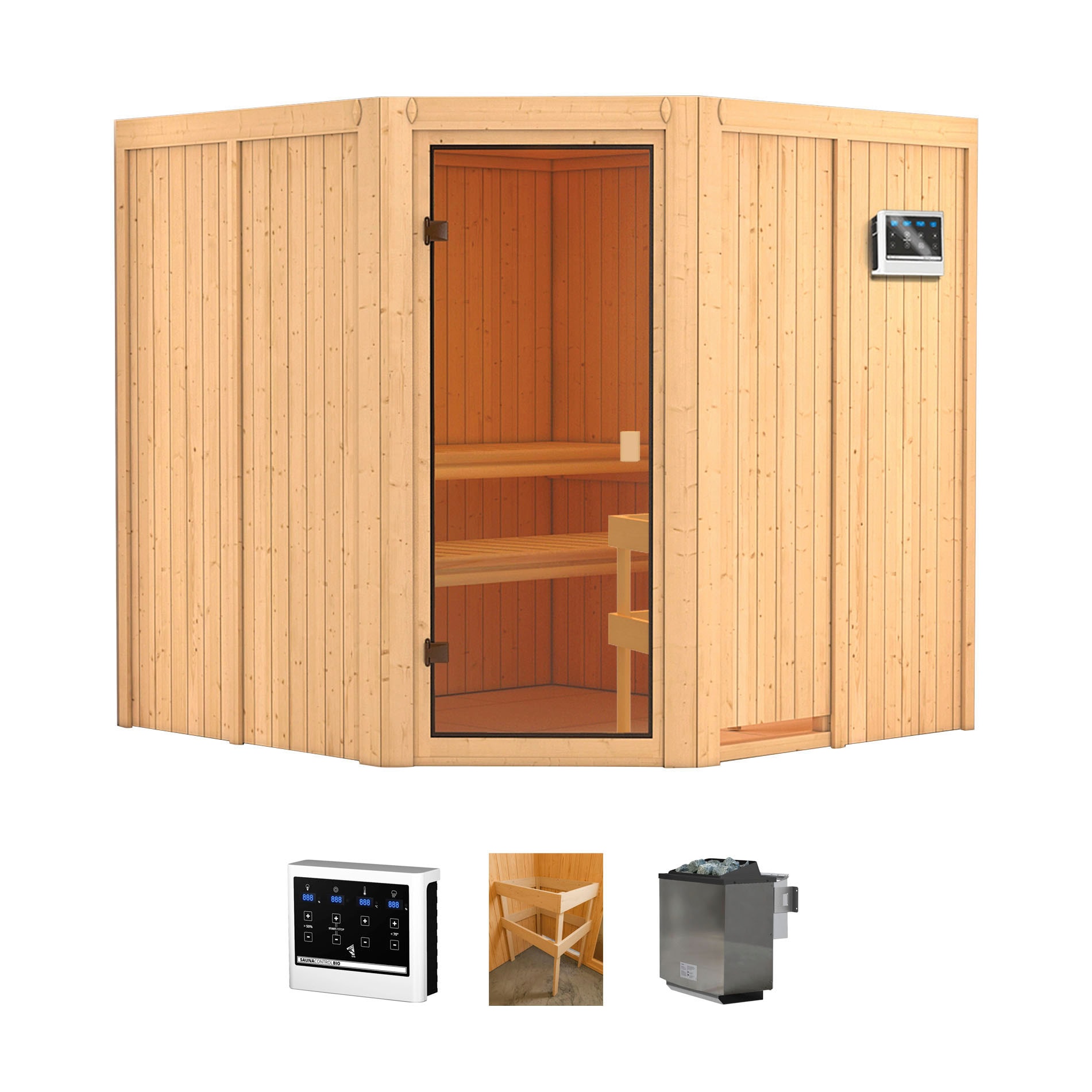 Sauna „Merkur“, (Set), 9 kW-Bio-Ofen mit ext. Steuerung naturbelassen