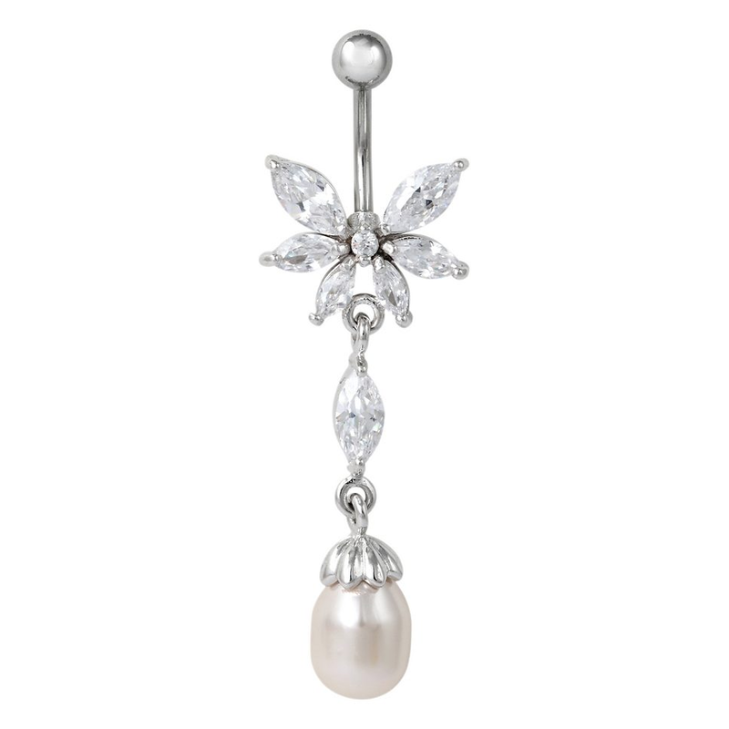 FIRETTI Bauchnabelpiercing »Schmuck Geschenk Piercing Körperschmuck Blume« mit Zirkonia - mit Perle (synth.) stahlgrau-metallfarben-weiß + weiß + weiß