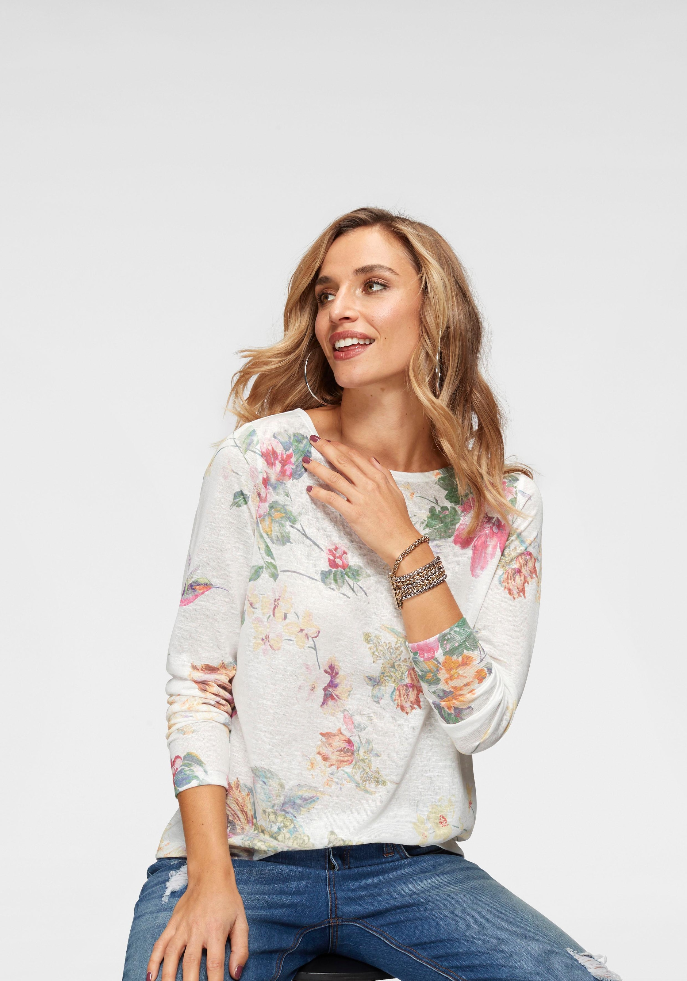 kaufen CASUAL Langarmshirt, Vögeln Blumendruck und Aniston großflächigem mit online