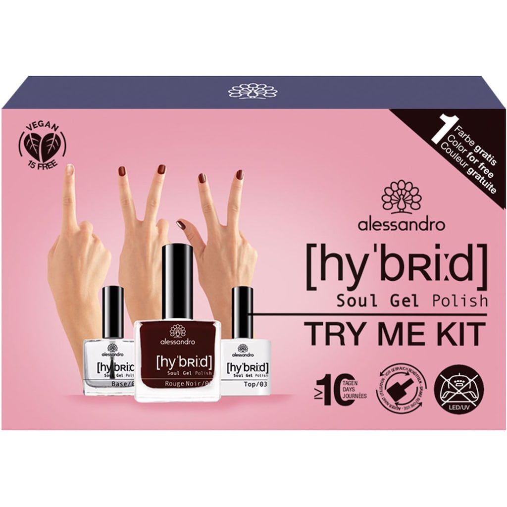 alessandro international Nagellack »ALE HYBRID TRY ME SET ROUGE NOIR«, (Set, 3 tlg., 1 x Base Coat 8ml
1 x Rouge Noir 8ml
1 x Top Coat 8ml)