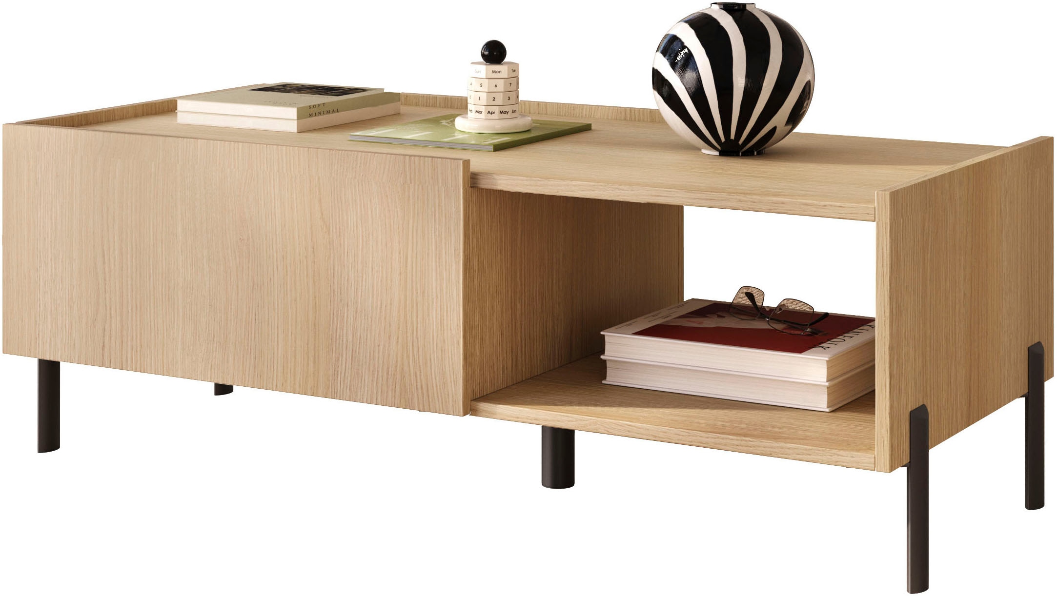 OTTO home Couchtisch »Badia 110x50 cm Korpus-Couchtisch, 2 Klappen, offenes Fach« Rechteckiger Wohnzimmertisch mit flexiblem Stauraum & Metallfüßen