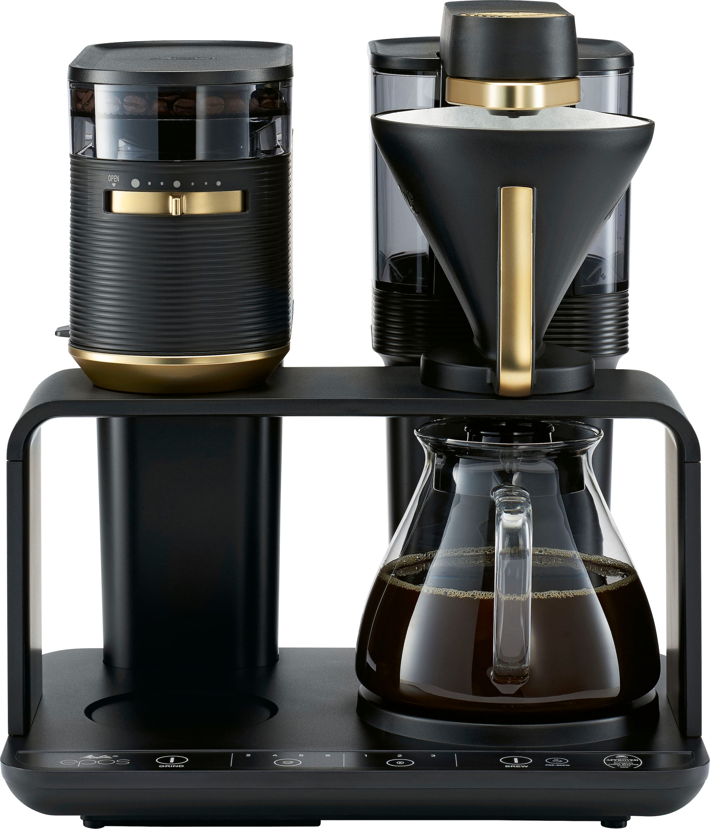 Melitta Kaffeemaschine mit Mahlwerk 1x4, »EPOS® Schwarz/Gold, 1 Papierfilter, 1024-04«, bestellen Wasserauslauf 360°rotierender l Kaffeekanne
