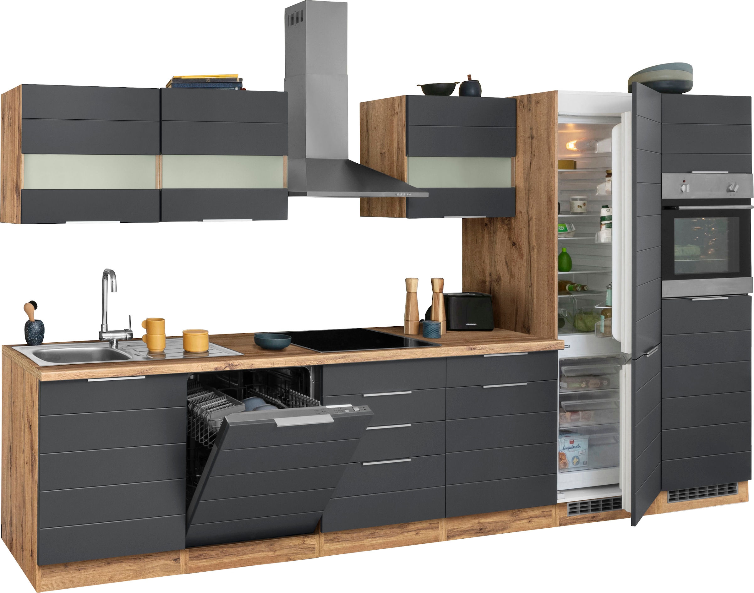 KOCHSTATION Küchenzeile »KS-Luhe«, 360 cm breit, wahlweise mit oder ohne E-Geräten, gefräste MDF-Fronten