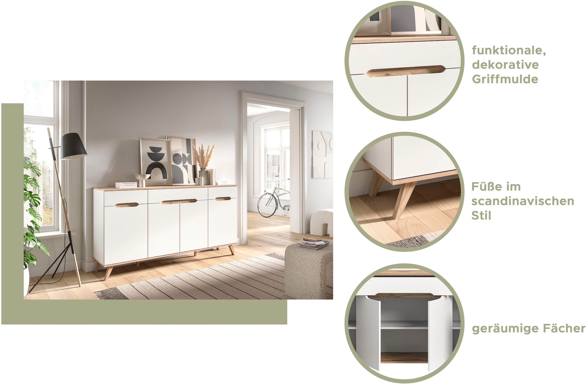 Home affaire Highboard »Alesund, Höhe 140cm, 2 Türen, 1 Schubkasten,konischer Fuß, Scandi-Look«, Anrichte, Schrank, Kommode, Midischrank, Wohnmöbel, Wohnzimmer