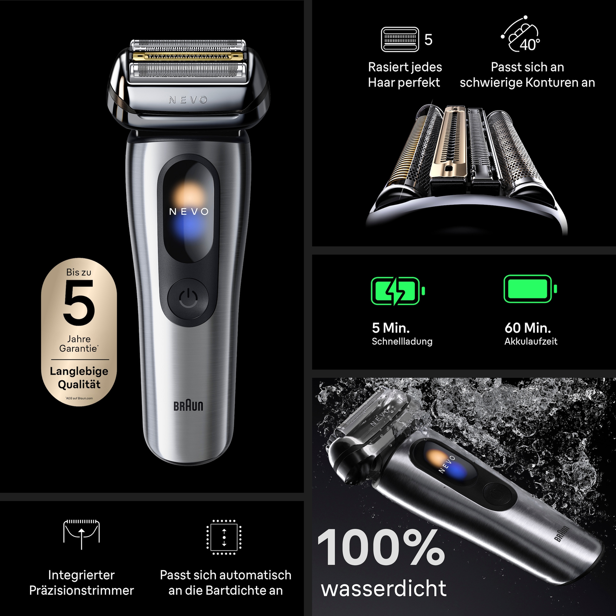 Braun Elektrorasierer »NEVO 15000cc« SmartClean-Plus-Reinigungsstation integrierter Präzisionstrimmer AeroTouch, Smart Display, 7-in-1 Care System, Reiseetui, Silber