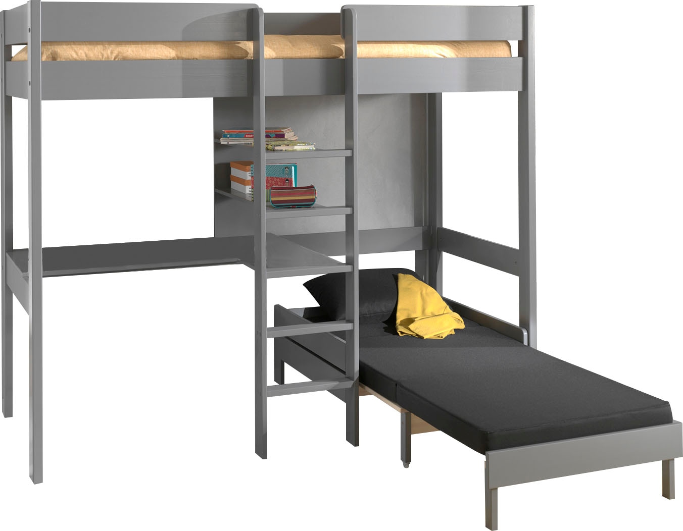 Vipack Hochbett »Pino, Kiefer massiv, viel Funktion auf kleinem Raum, Made in Europe«, (B/H/T ca. 208x175x105/206cm, inkl. Schlafsessel, Schreibtisch, Regal), inkl. Rolllattenrost, Absturzschutz oben, 2 Farben zur Auswahl
