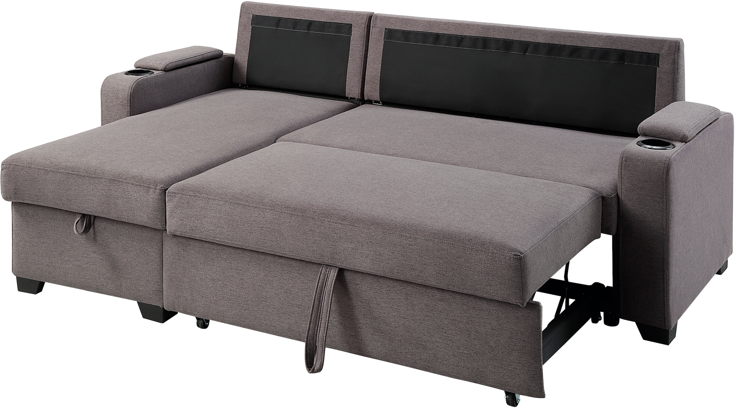 ATLANTIC home collection Ecksofa »Gorje L-Form«, mit Schlaffunktion, Stauraum, Becherhalter, Staufächer & Kissenrollen