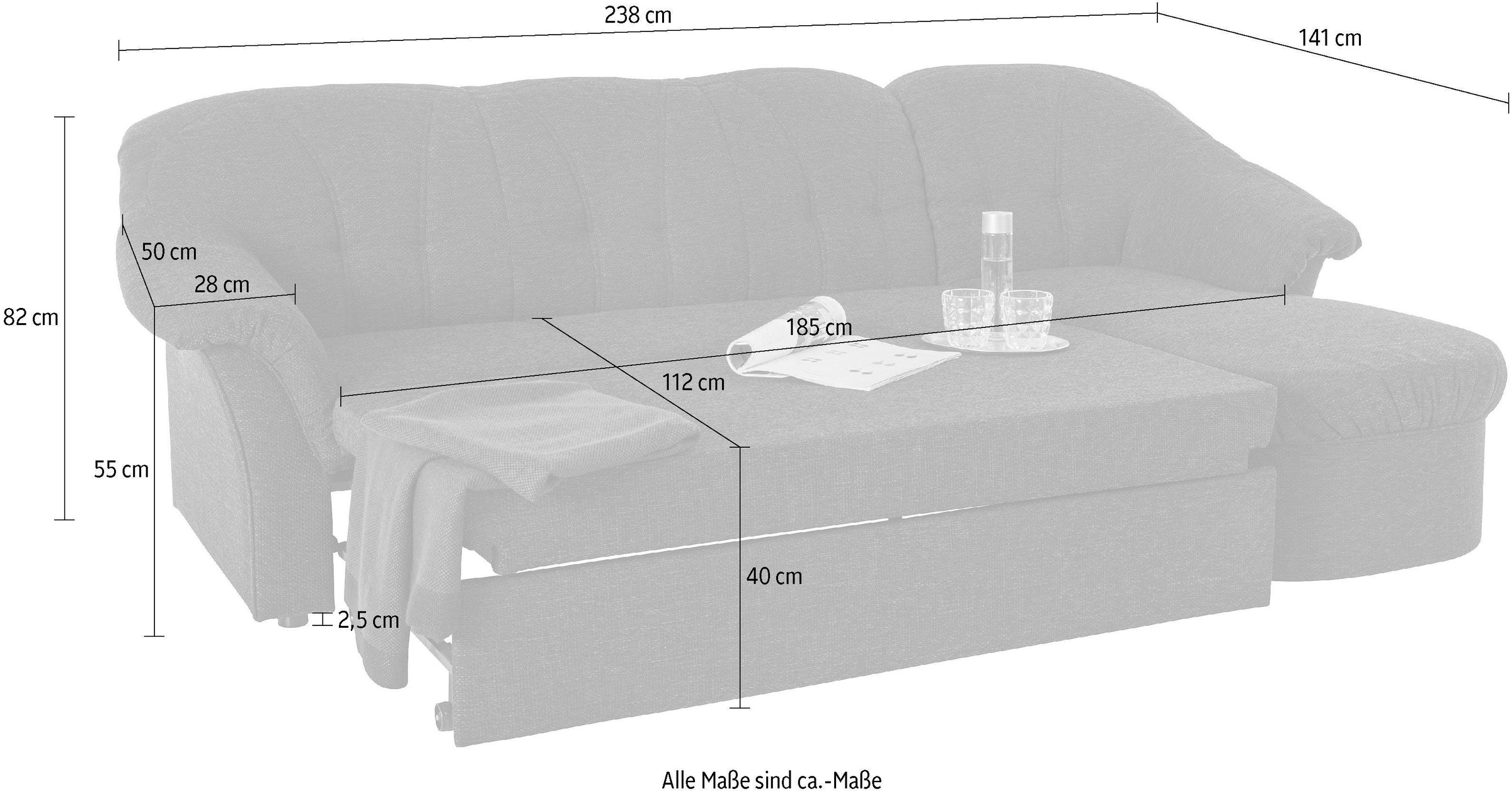 DOMO collection Ecksofa »Pegnitz, elegante Rückensteppung, kompakte Stellmaße 238/141cm, L-Form«, wahlweise mit Bettfunktion