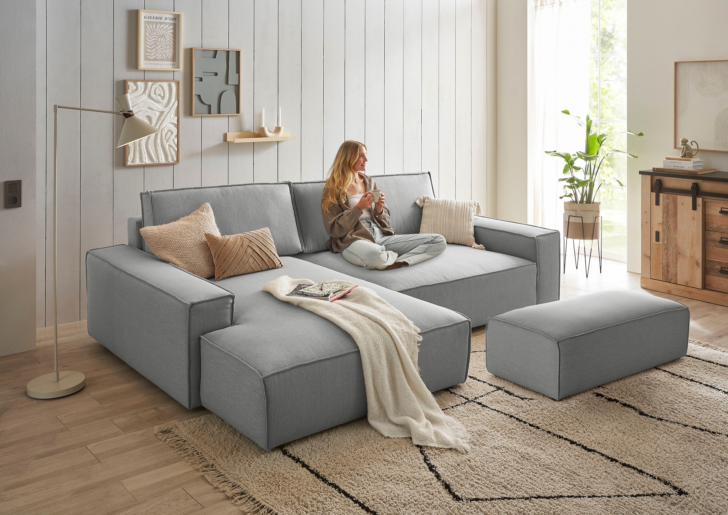 Home affaire Polsterecke »NEU: SHERWOOD XXL tief, L-Form mit Schlaffunktion, Big-Sofa mit Hocker«, (Set, 2 St.), stellbar zum Schlafsofa (Krokodilverbinder), Cord, Leinenoptik