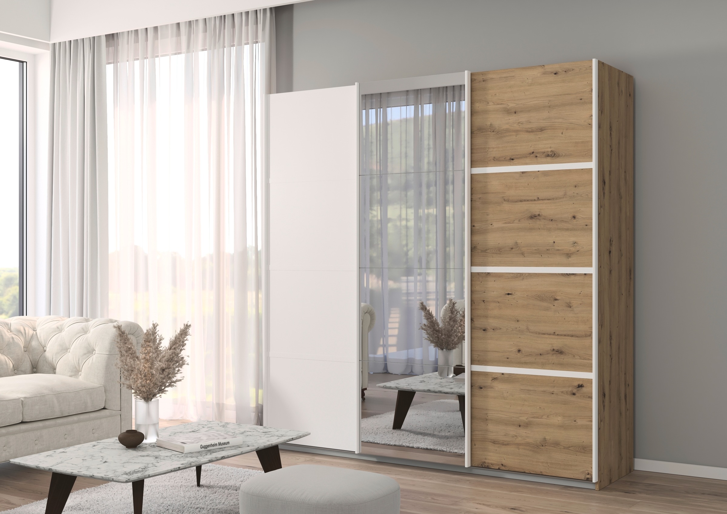 rauch Kleiderschrank »Schwebetürenschrank OTTO´s Choice Garderobe Schrank TOP ANGEBOT Avola«, (in 3 verschiedenen Ausstattungen BASIC/CLASSIC/PREMIUM inkl. Spiegel), mit eleganten Zierleisten in Chrom, Schwarz oder Weiß MADE IN GERMANY