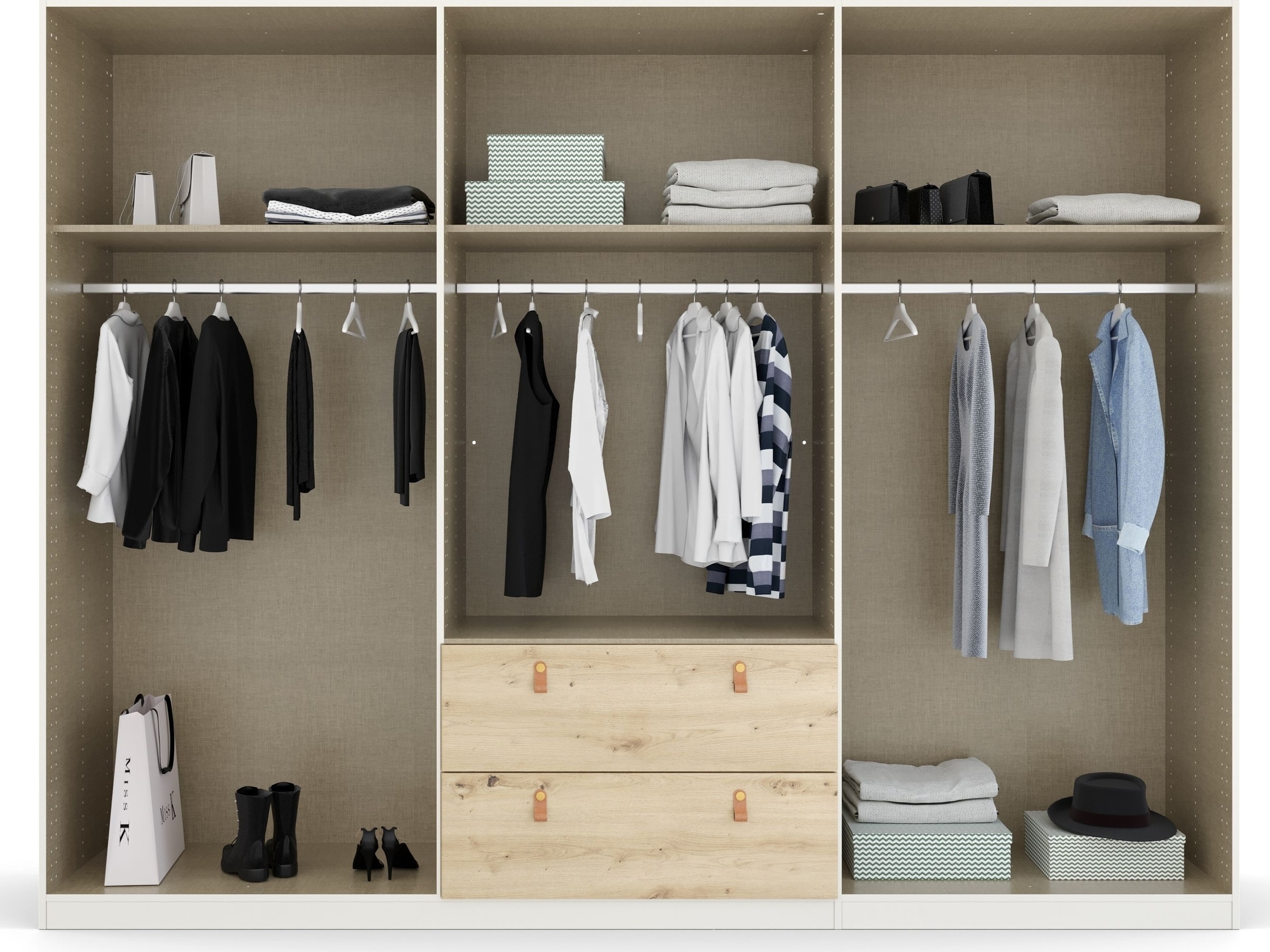 rauch Drehtürenschrank »Homey by Quadra Spin«, mit cognacbraunen Ledergrifflaschen, Schubladen in Eichen-Dekor