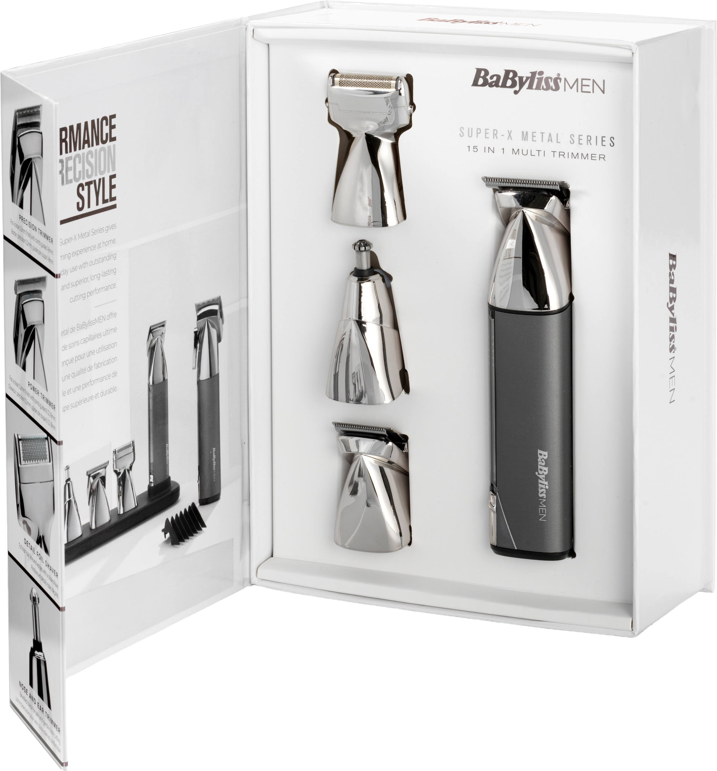 BaByliss Multifunktionstrimmer »BaByliss Super-X Metal 15-in-1 Multitrimmer für Bart & Körper, MT996E« 4 Aufsätze 15 Aufsätze und Kammführungen, USB-Ladestation, kabellos
