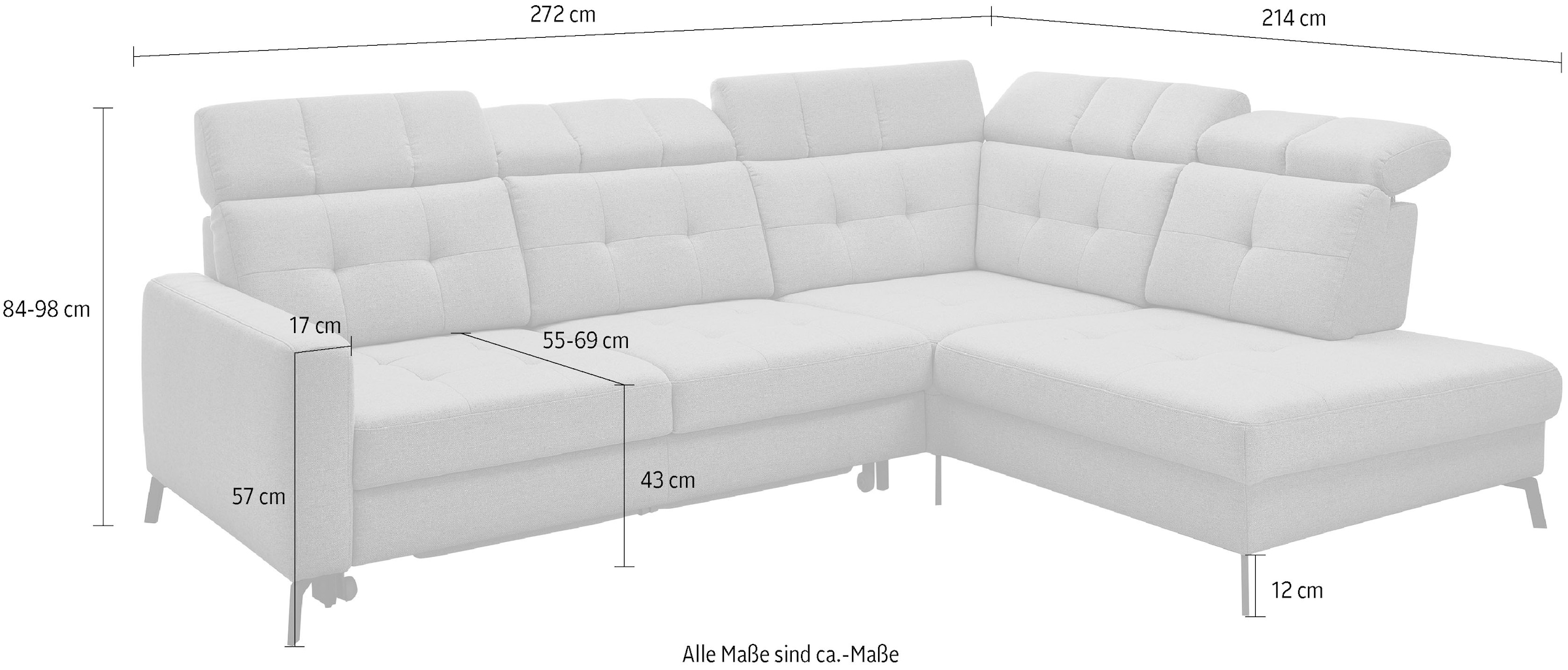 Musterring Ecksofa »MR 4615« mit Kopf- und Rückenverstellung, Metallfuß schwarz, Maße 272 x 214 cm