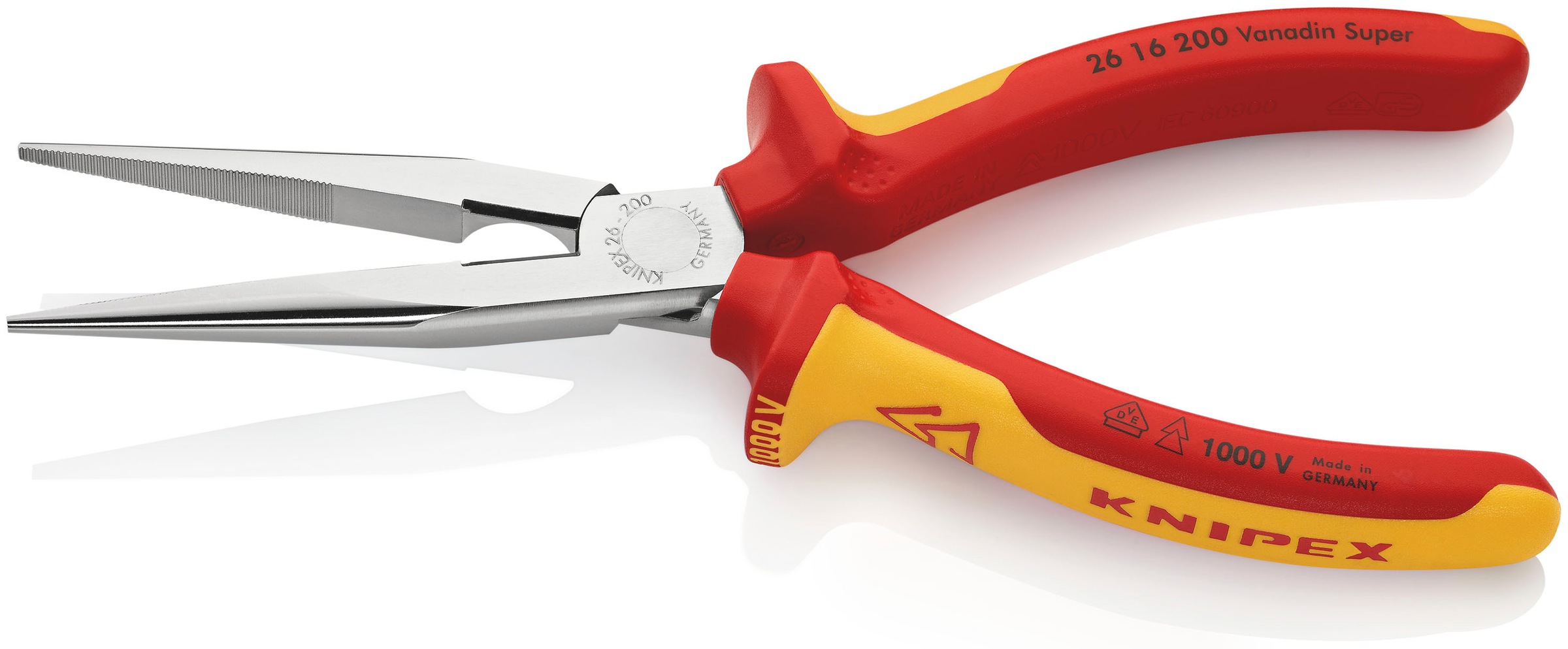 Knipex Flachrundzange »26 16 200 mit Schneide (Storchschnabelzange)«, (1 tlg.), verchromt, isoliert mit Mehrkomponenten-Hüllen, VDE-geprüft 200 mm