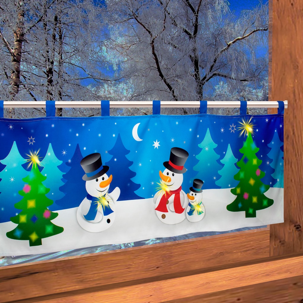 Delindo Lifestyle Scheibengardine »Schneemänner«, (1 St.), mit Schlaufenaufhängung, für die Küche, mit LED-Beleuchtung