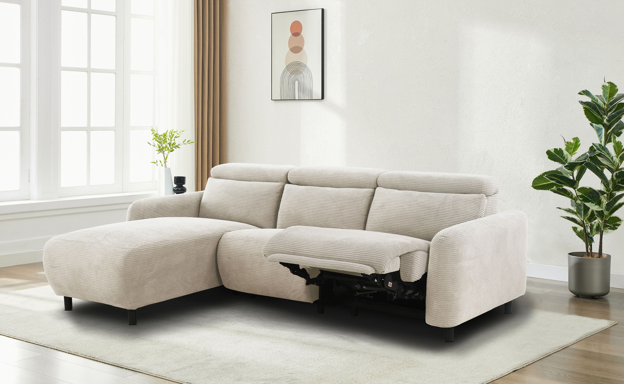Home affaire Ecksofa »SKAANE in Cord, L-Form, 274 cm, manuelle u. elektrische Funktion,«, rundes Design, Kopfteilverstellung, Federkernpolsterung
