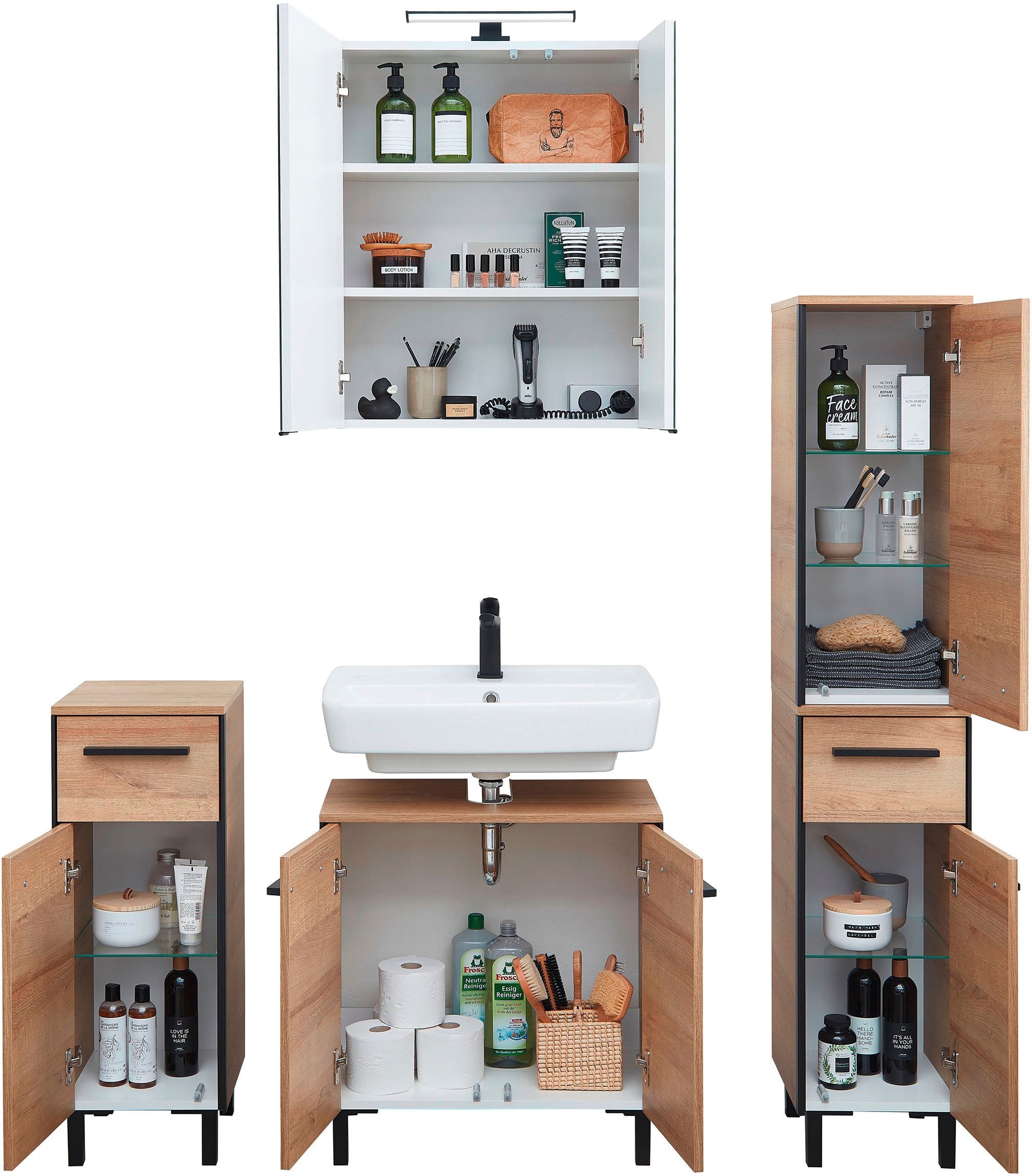 Saphir Badmöbel-Set »Quickset 395 4-teilig, Waschbeckenunterschrank mit LED-Spiegelschrank«, (5 St.), Unterschrank, Midischrank, inkl. Türdämpfer, 7 Türen, 2 Schubladen