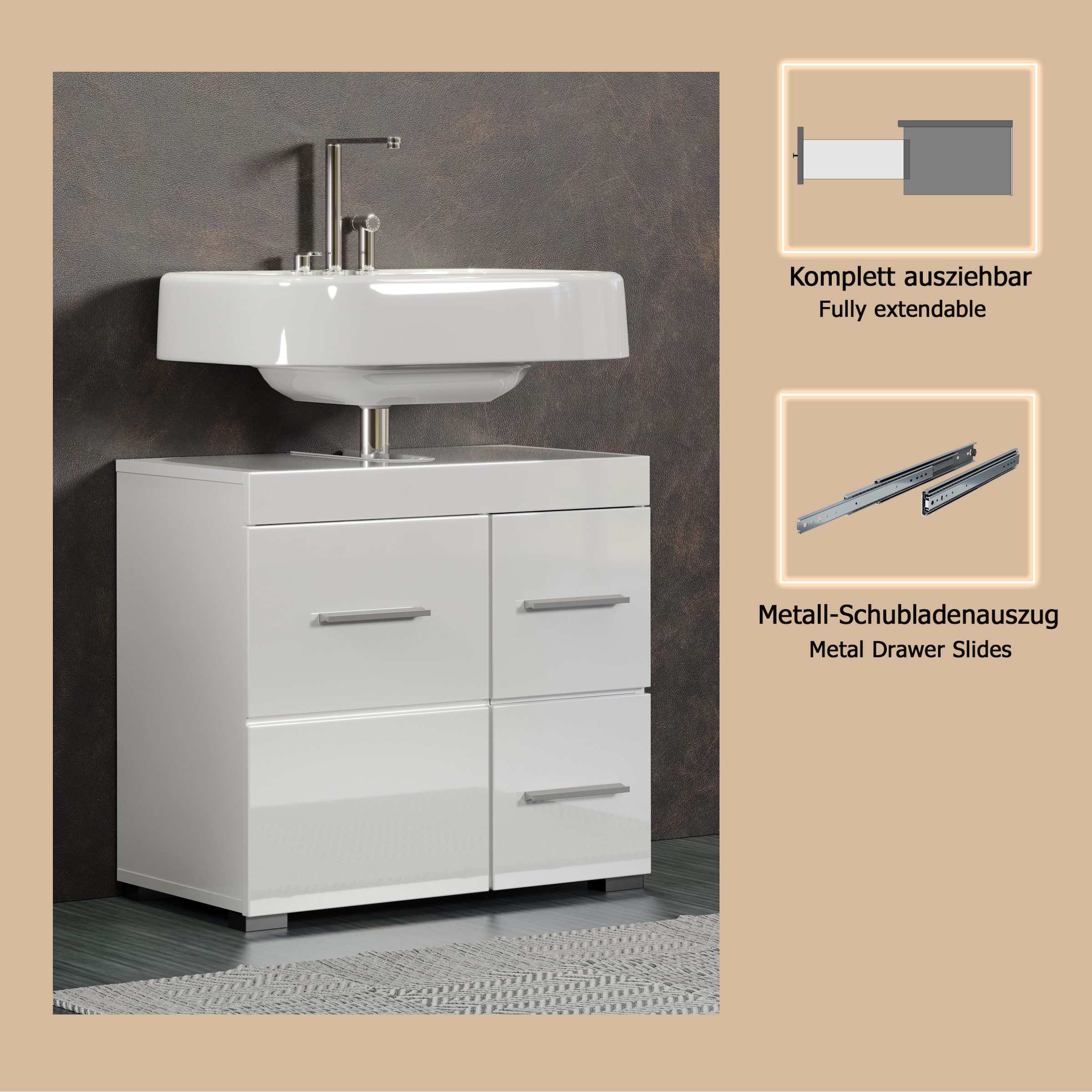 welltime Waschbeckenunterschrank »Avena« 1 Stk. tlg. Badezimmerschrank mit Tür & Schubkästen – (B/T/H) 60/34/56 cm