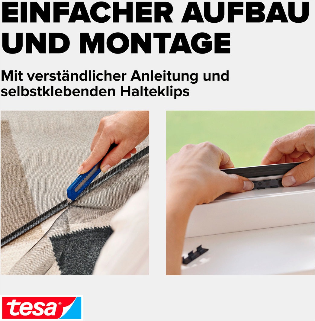 tesa Insektenschutz-Fensterrahmen »Anklips-Rahmen Fliegengitter für Fenster, Anthrazit (Durchsichtig)« Packung, inkl. Fiberglas-Netz in Anthrazit, Rahmen und Halteklip-Lösung, 1 Stk. tlg. INSECT STOP Netz aus Fiberglas, selbstklebende Halte-Klips