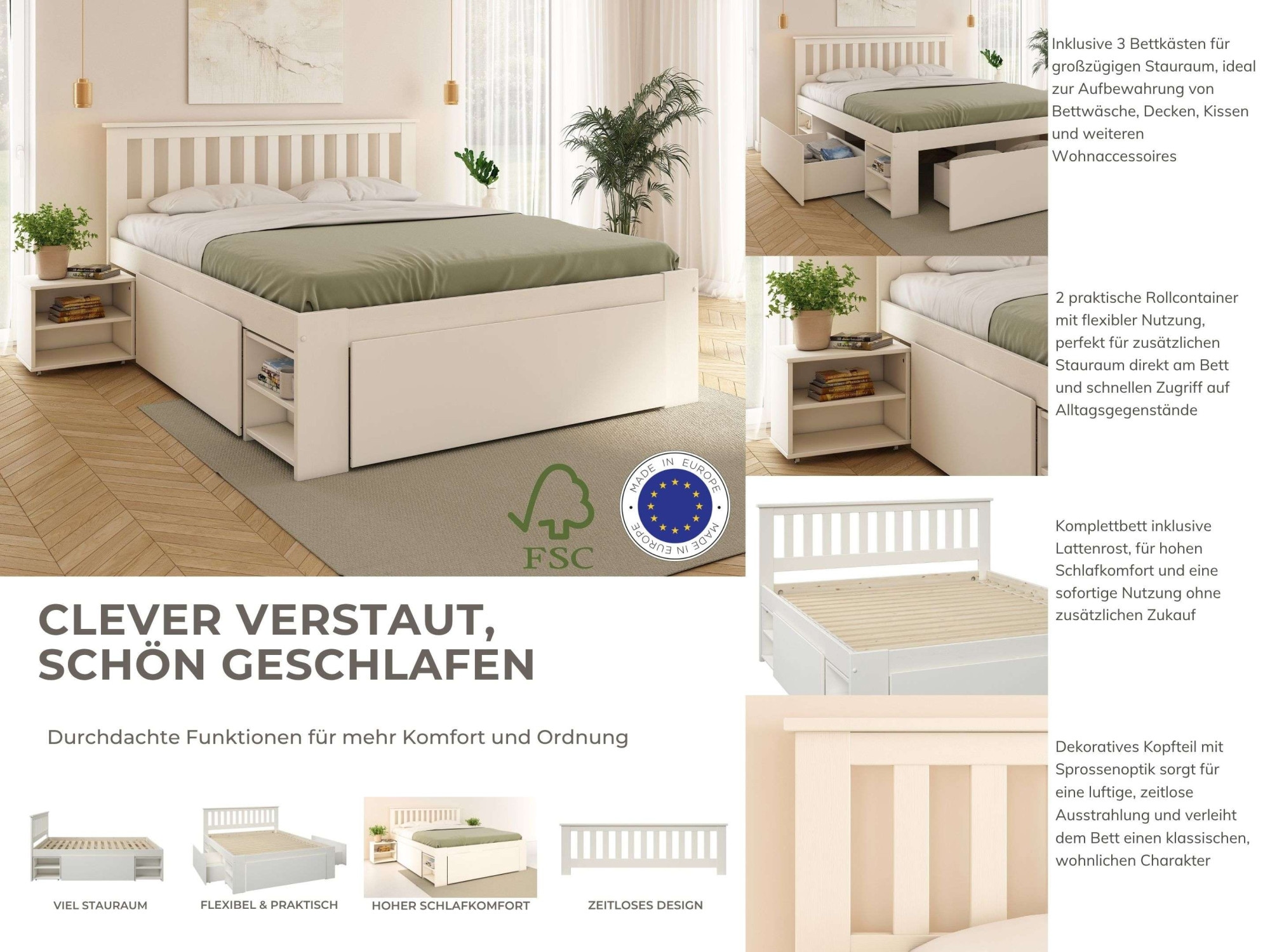 OTTO home Massivholzbett »Kallvin, maximaler Stauraum, 3 Bettkästen, Nachtschränke ausziehbar« inklusive Lattenrost, ideal fürs Jugendzimmer und kleine Räume, FSC®
