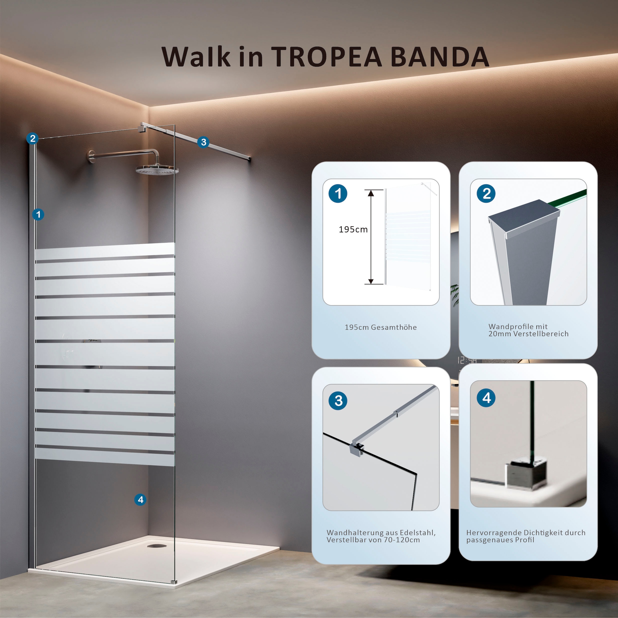 welltime Walk-in-Dusche 8mm Starke Scheibe mit Streifendekor