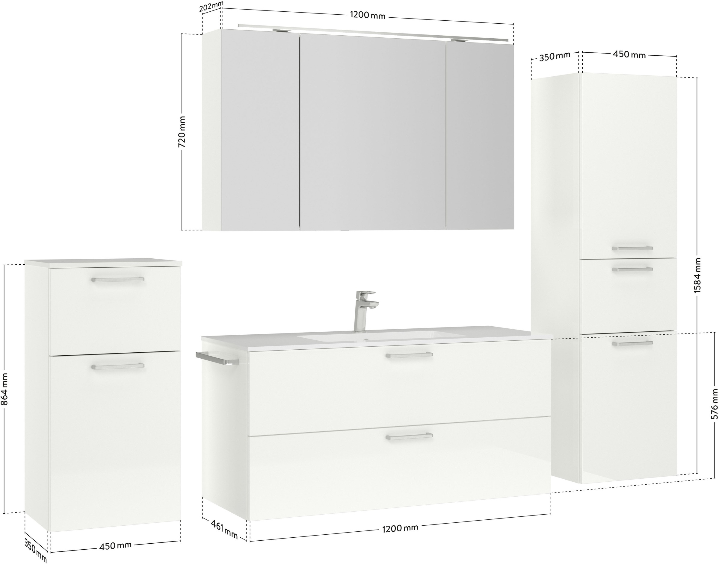 nobilia® Badmöbel-Set »Tolvina«, (4 St., vormontiert, mit Soft-Close), inkl. Spiegelschrank mit Beleuchtung und Dimmerfunktion, in 4 Breiten