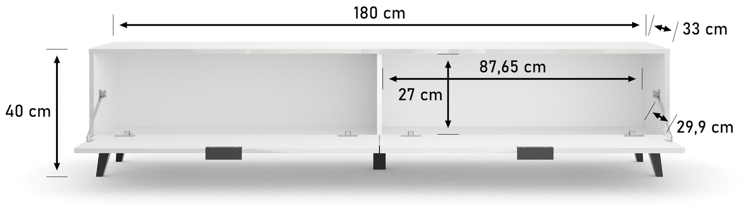 OTTO home Lowboard »Oslo, B/H/T: 180/40/33 cm« 2 Klappen, schwarze Metallgriffe, schwarze Füße