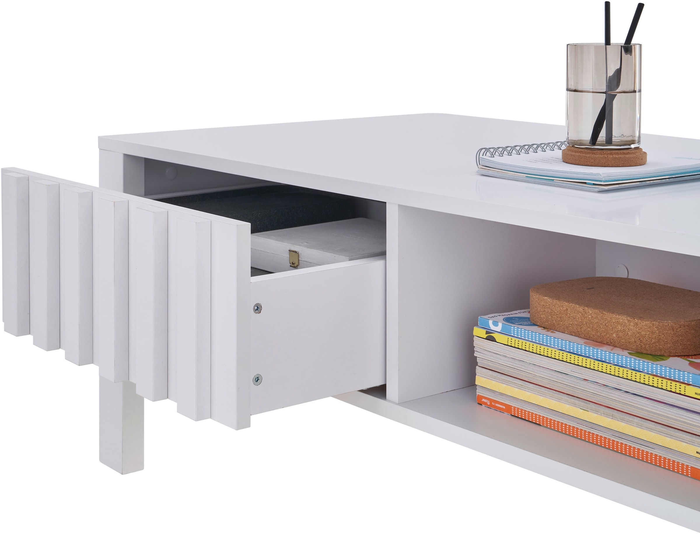 Stolkom Couchtisch »Mao weiß matt, Wohnzimmertisch, BxHxT 108x42,5x60 cm«, Lamellen Optik, 1 Schublade und 1 offenes Fach