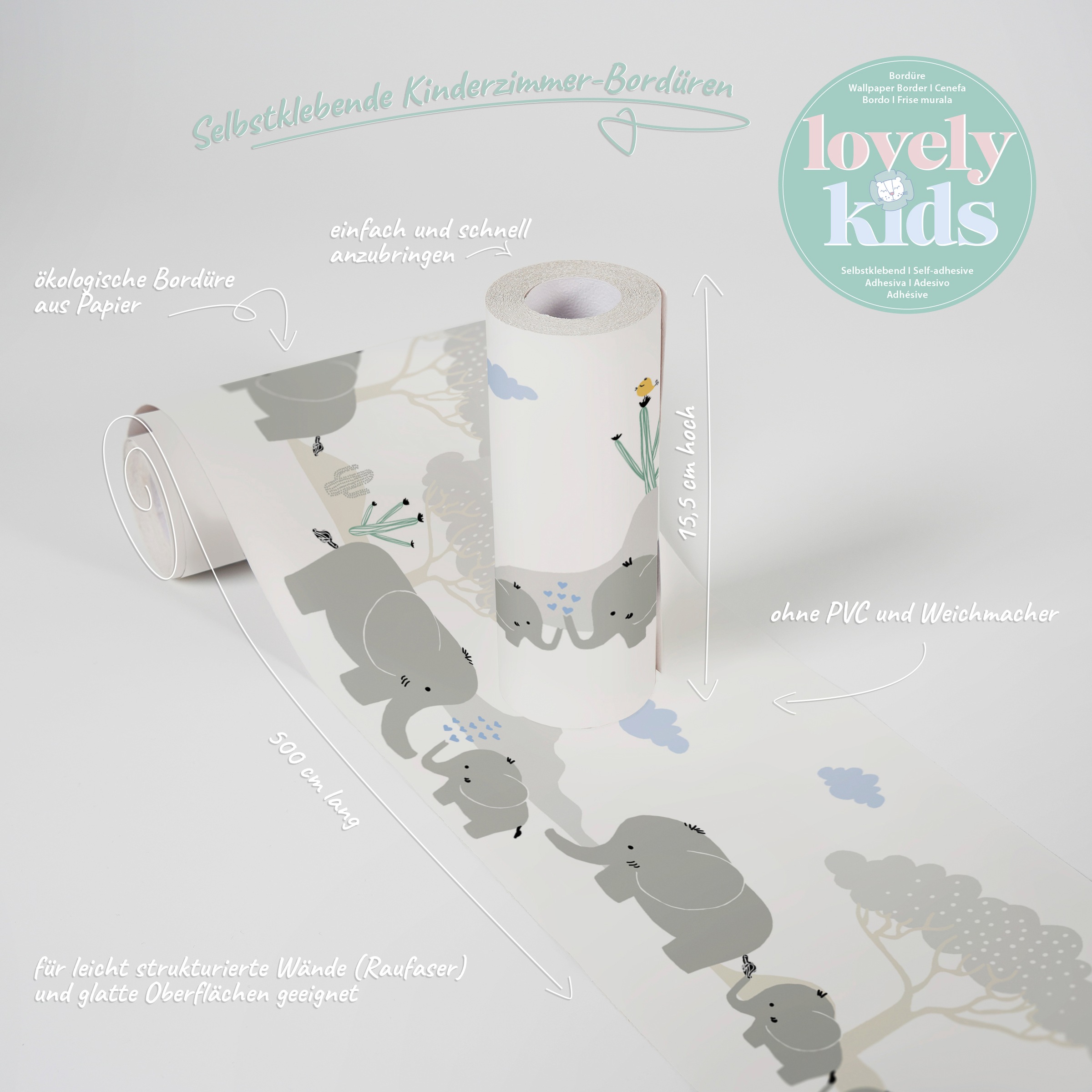 A.S. Création Bordüre »Elephant Family«, Motiv-abstrakt-naturalistisch, Tapete Kinder Borte Wohnzimmer Schlafzimmer Küche Design Kinderzimmer