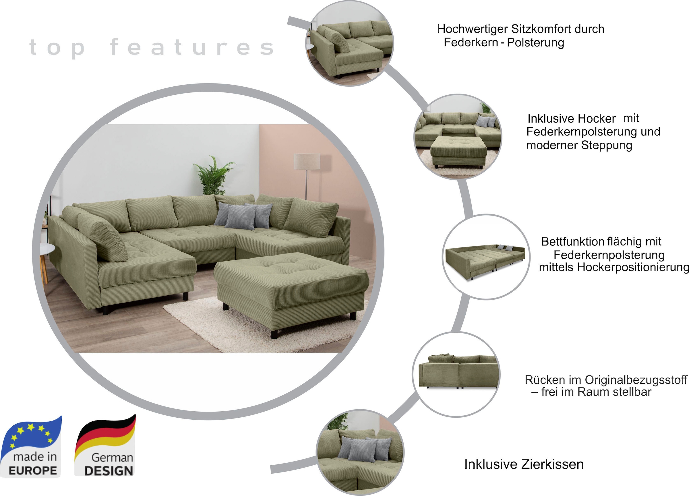 COLLECTION AB Wohnlandschaft »Toni U-Form, B: 298 cm, Liegefl. 282x178cm« Set 2tlg. Sofa + Hocker, mit Schlaffunktion, Federkern, 3 Zierkissen