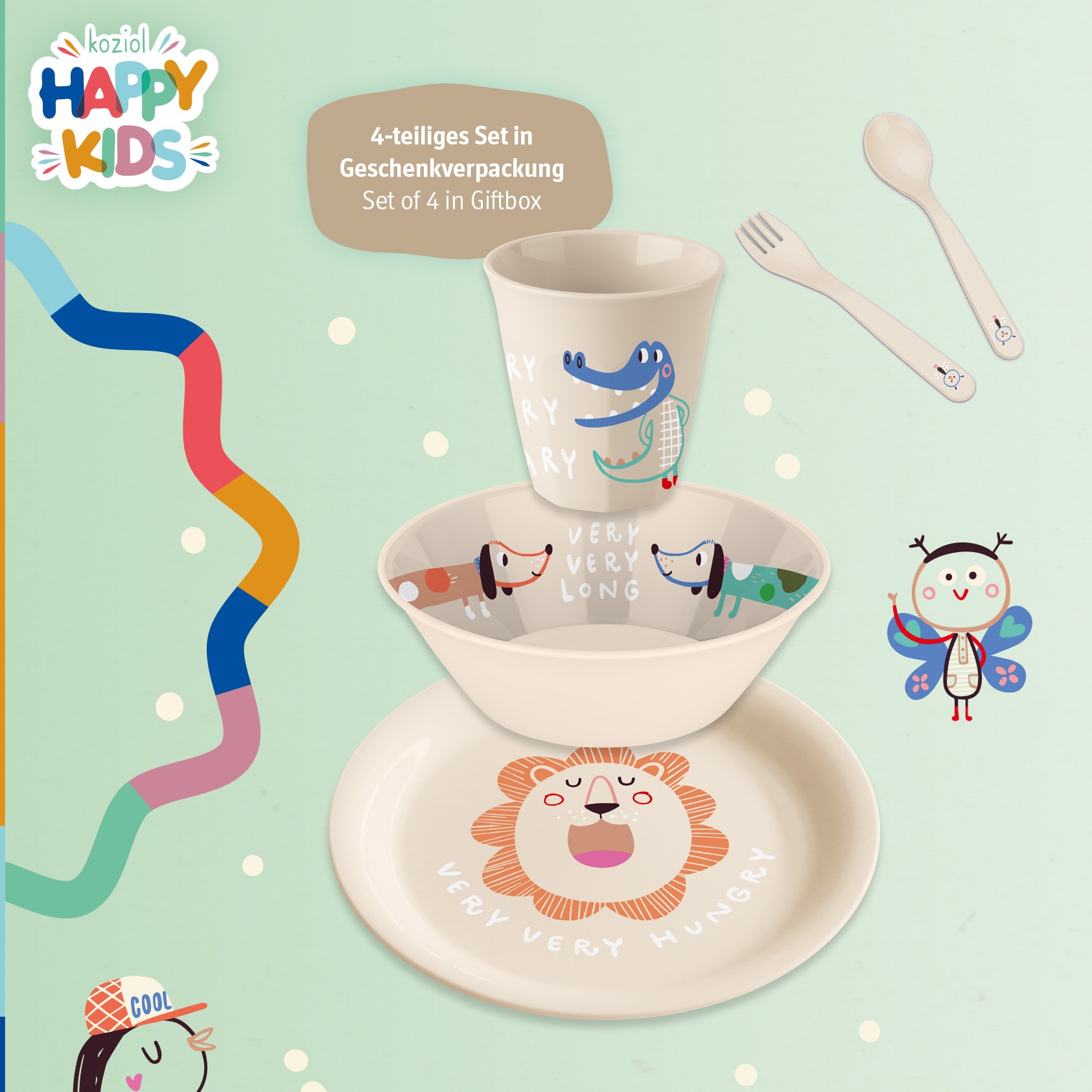 KOZIOL Kindergeschirr-Set »Very Very at Home«, (Set, 4 tlg.), (Teller, Schale, Becher, Besteckset), melaminfrei