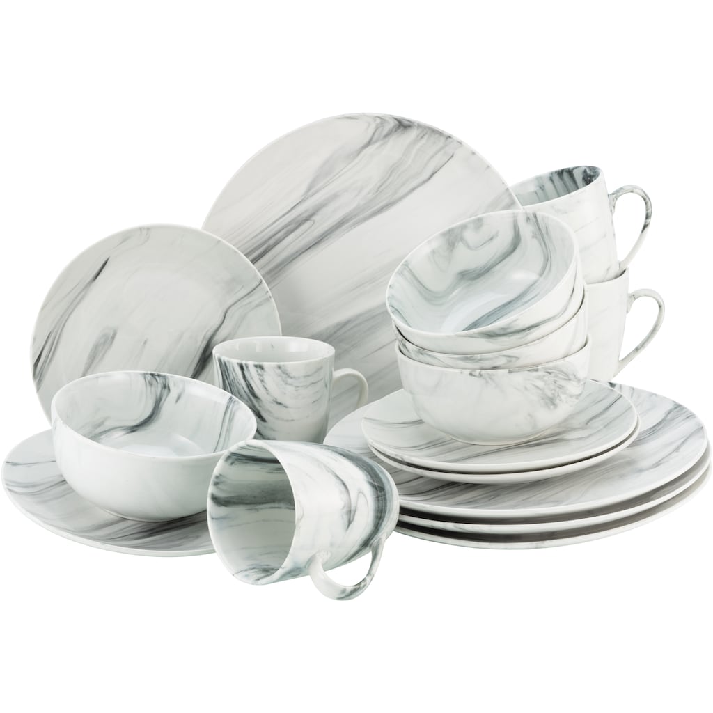 CreaTable Kombiservice »Geschirr-Set Marmor«, (Set, 16 tlg., Kaffeeservice und Tafelservice im Set, für 4 Personen), Service, tolle Optik, 16 Teile, für 4 Personen