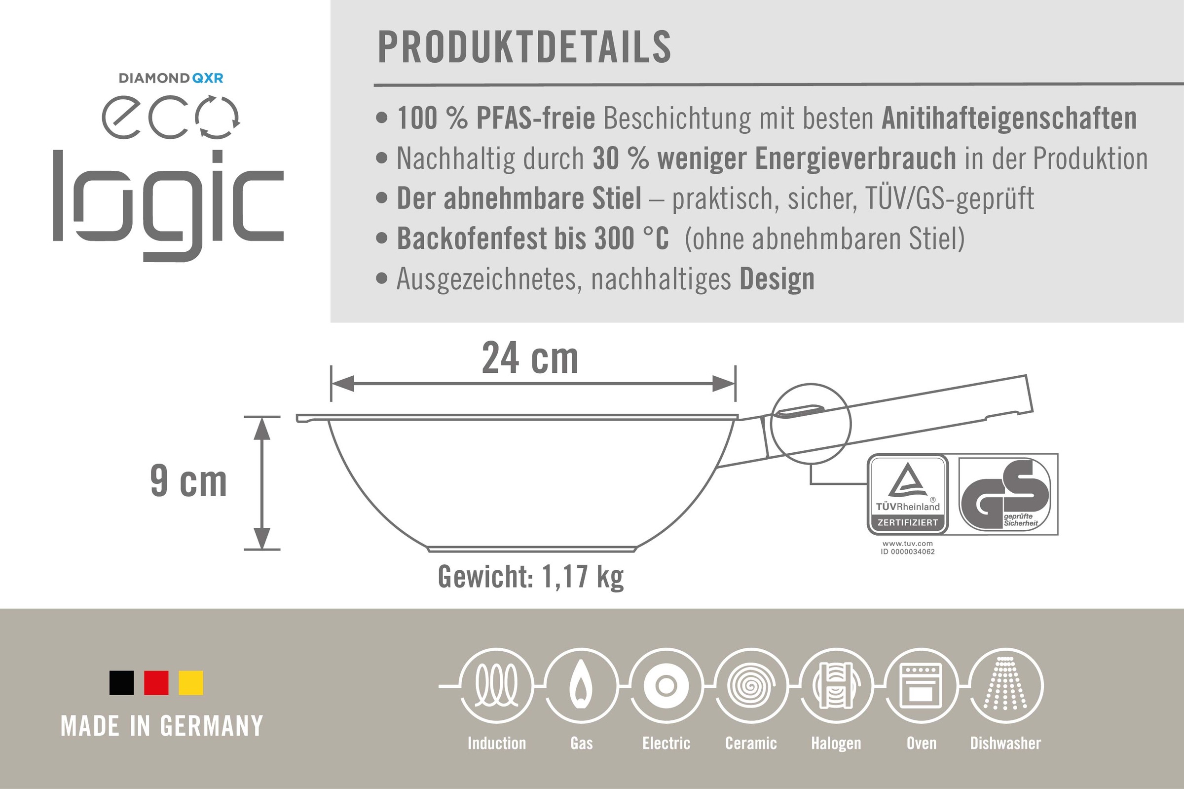 WOLL Wok »Eco Logic QXR Guss-Wok- und Rührpfanne«, Aluminiumguss, (1 tlg.), PFAS-freie Diamond-QXR - Beschichtung