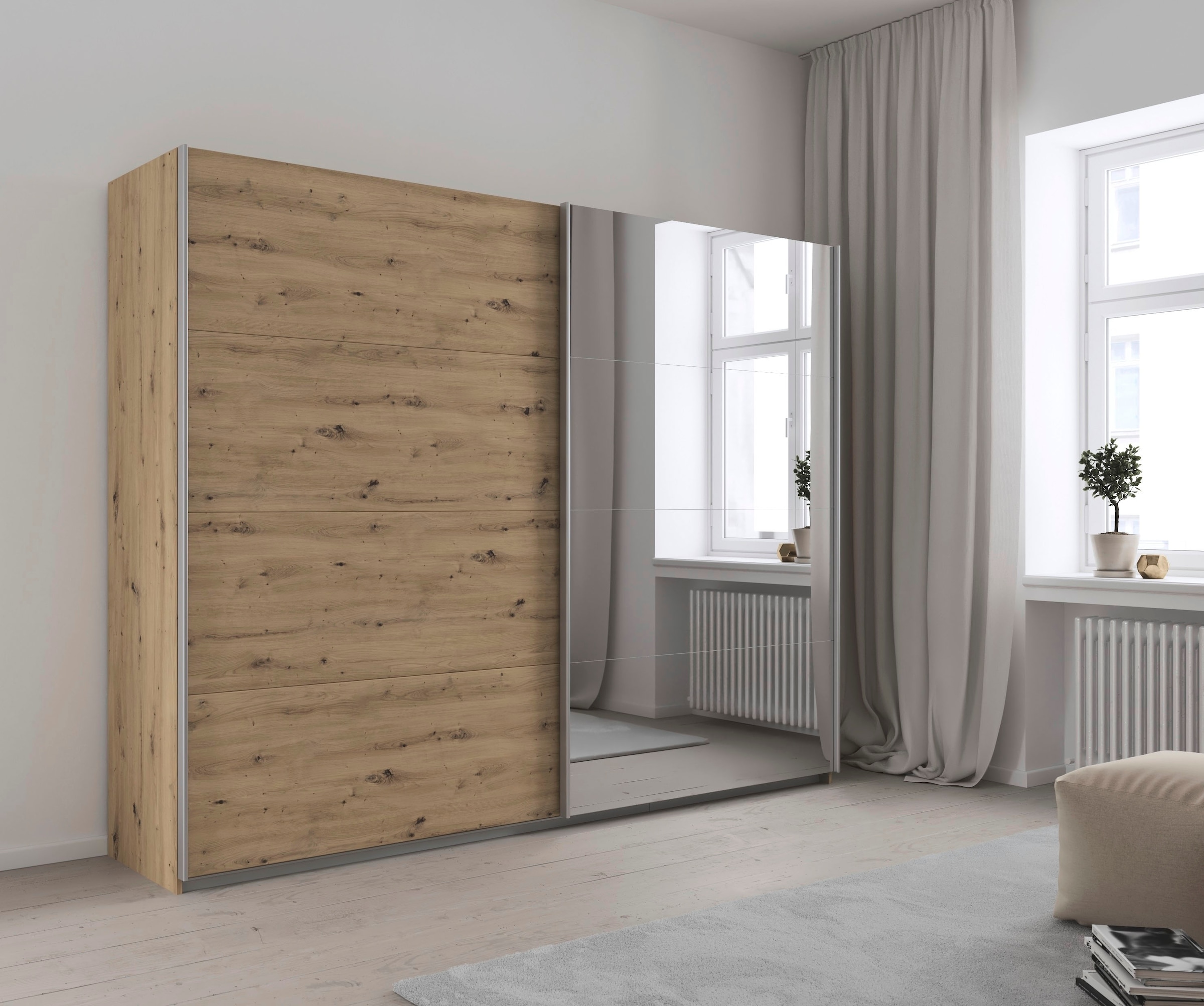 INOSIGN BY RAUCH Schwebetürenschrank »Kleiderschrank Schrank Garderobe Schlafzimmerschrank THANOS«, (in 3 verschiedenen Ausstattungen BASIC/CLASSIC/PREMIUM), Optional mit Spiegel, Metall-Griffleisten alufarben MADE IN GERMANY