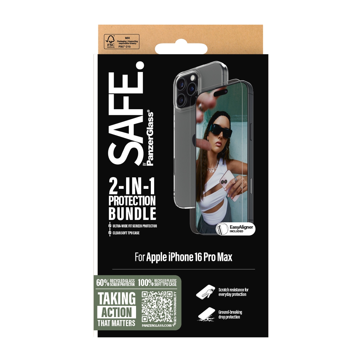 SAFE by PanzerGlass Displayschutzglas »2-in-1 Protection Bundle, Glass, Soft TPU Case«, für Apple iPhone 16 Pro Max, Displayschutzfolie, Schutzfolie, Bildschirmschutz, kratz- & stoßfest