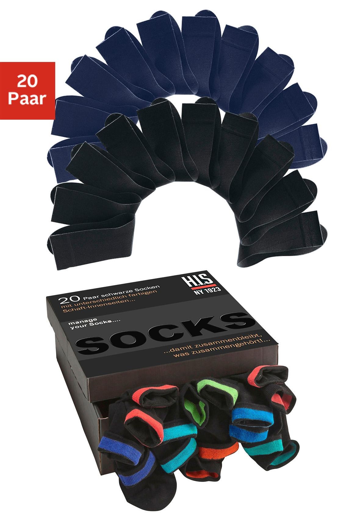 H.I.S Socken Box, 20 Paar tlg. in praktischer Geschenkbox 10x schwarz, 10x marine 39-42 39-42 Großpackung Socken für Business und Freizeit