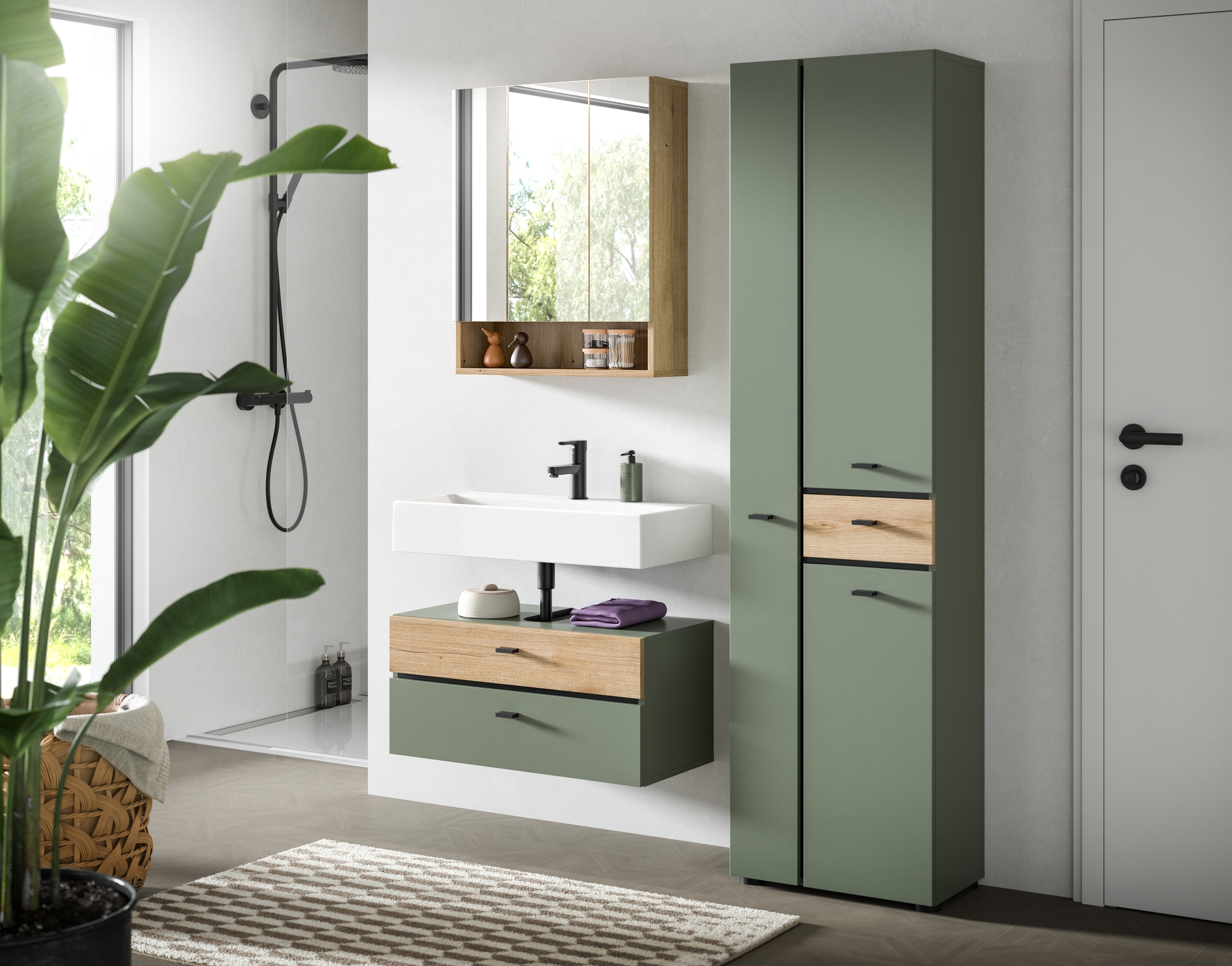 welltime Badmöbel-Set »VANN, 3-teilige moderne Badkombination, individuell stellbar« 1x Waschbeckenunterschrank, 1x Spiegelschrank, 1x Hochschrank, 3 Stk. tlg.