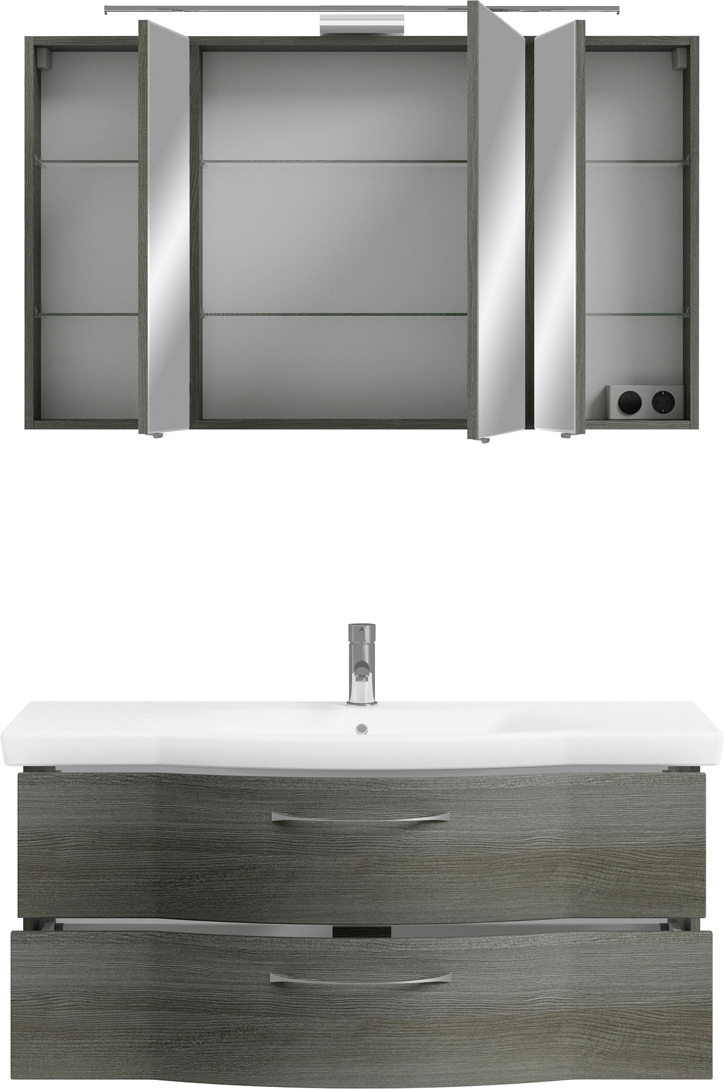 Saphir Badmöbel-Set »6005 Sprint Keramik-Waschtisch mit LED-Spiegelschrank, 122 cm breit«, (2 St.), Waschplatz inkl. Türdämpfer, 3 Türen, 2 Schubladen, Waschtisch Set