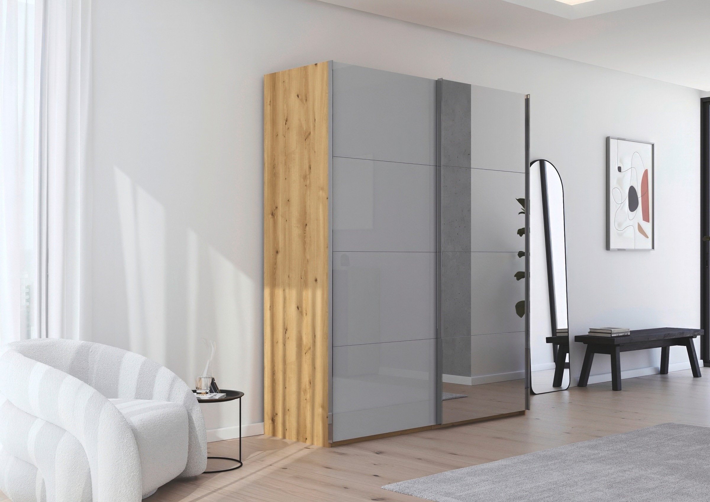 rauch Schwebetürenschrank »Kleiderschrank Schrank Garderobe Schlafzimmerschrank SCALE-FYRA«, edle viergeteilte Türen Spiegel/Glas-Mix viele Farben MADE IN GERMANY